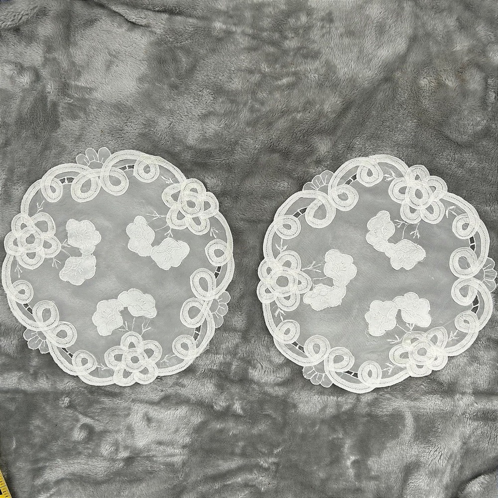 Vintage White Floral Applique Battenburg Lace Doilies Set of 2 Round 11" Cottage